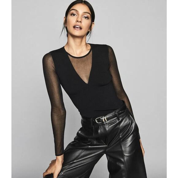 Reiss Venus Sheer Sleeve Plunge Top Black Mesh Panels Long Sleeve - Size Large - Picture 3 of 13